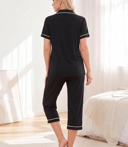 ENJOYNIGHT Womens Pajama Set Capri Short Sleeve Button Down Pj with Pocket - color: Black, size: X-Large