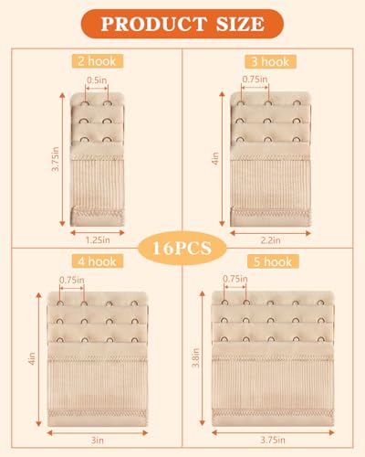 16 PCS Bra Extenders 2 Hook / 3 Hook / 4 Hook / 5 Hook, Bra Hooks Replacement, Soft Comfortable Stretchy Bra Extension Strap for Women Lady Plus Size(Black, White, Nude, Beige)