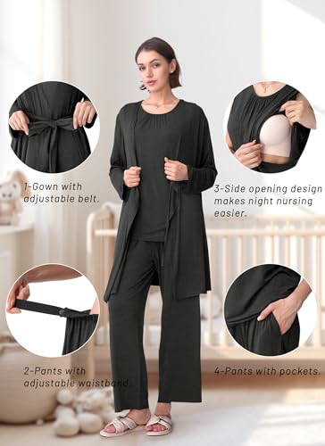 Rnxrbb 3 PCS Nursing Pajamas Robe Set Maternity Postpartum Pjs for Hospital - color: Deep Gray, size: Medium