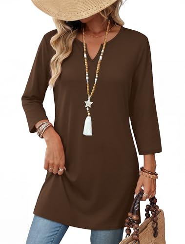 OFEEFAN Summer Boho Tops For Women 3/4 Length Sleeve Womens Tops Vacation Outfits - color: Coffee, size: Small