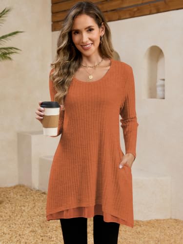 Poetsky Womens Long Sleeve Tunic Tops Fall Long Shirts Sweater with Pockets - color: Caramel, size: Medium