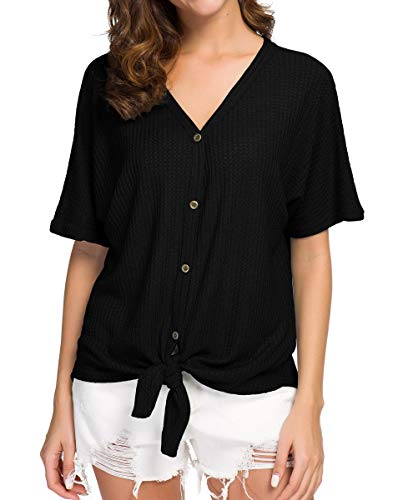 IWOLLENCE Women's Waffle Knit Tunic Blouse Tie Knot Short Sleeve Henley Tops Loose Fitting Bat Wing Shirts - color: C-black, size: X-Large