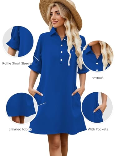 FEKOAFE Womens Casual Dress V Neck Short Sleeve Shift Dresses with Pockets - color: Aa-sapphire Blue, size: Medium