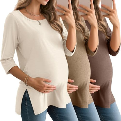 3 Pack Women's 3/4 Sleeve Maternity Loose Crewneck Tops - color: Cream, Khaki, Coffee Grey, size: Medium