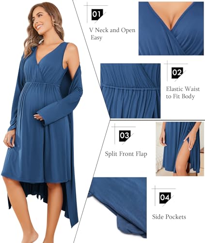 Ekouaer Maternity Nursing Gown and Robe Set Labor Delivery Nightgowns - color: Blue, size: XX-Large