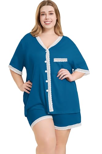 Plus Size Women Pajama Sets Button Down Lace Trim 2pcs Nightwear - color: Peacock Blue, size: X-Large