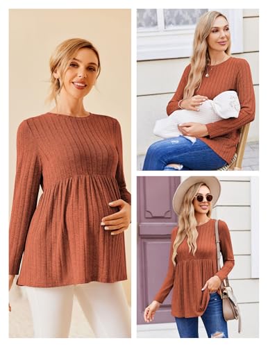 Maternity Shirts Dressy Long Sleeve Pregnancy Fall Tops Work Blouses - color: D-caramel, size: Large