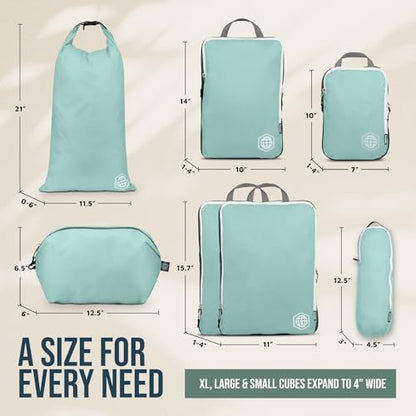 TRIPPED Travel Gear Large Compression Packing Cubes 7-Piece Set for Travel - color: DustyTeal/White