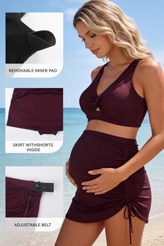 SHEKINI Women's Two-Piece Maternity Swimsuit Pregnancy Bathing Suit Set - color: Purple-red, size: Medium