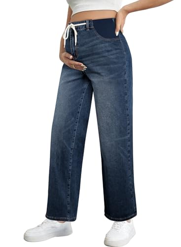 BLENCOT Maternity Jeans High Waisted Drawstring Straight Leg Denim Pants - color: Navy Blue, size: Small