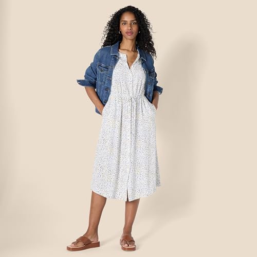 Amazon Essentials Women's Relaxed Fit Half-Sleeve Breathable Button Front Drawstring Waist Midi A-Line Dress with Pockets - color: Off White Micro Confetti Print, size: Small