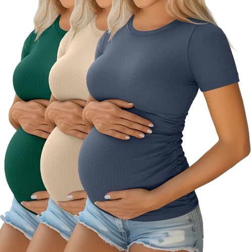Ficerd 3 Pack Women's Short Sleeve Maternity Shirts - color: Jade Green, Hazy Blue, Khaki, size: Medium