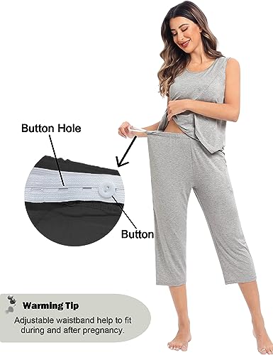 SWOMOG Women Maternity Pajama Set Nursing Pjs Double Layer Sleeveless Top Capri Pregnancy Set Breastfeeding Pjs with Pockets - color: Grey, size: Small