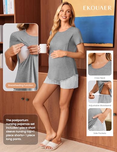 Ekouaer 3 Piece Maternity Nursing Pajamas Set Short Sleeve Breastfeeding Pjs - color: Grey, size: Medium