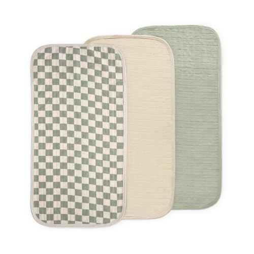 mushie Water Repellent Changing Pad Liners | Cotton (Olive Check Combo) - color: Olive Check Combo
