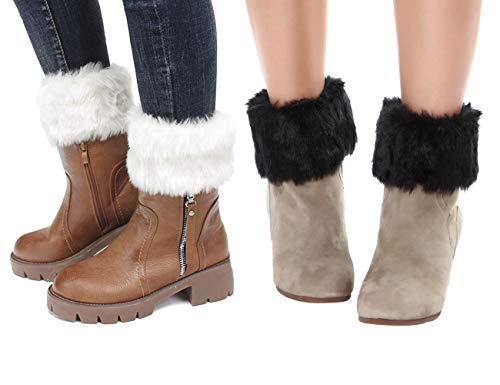 Womens Fur Trim Boot Cuff Top Cover Leg Warmers - color: White+black