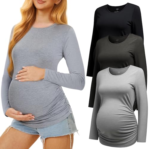 3 Pack Maternity Shirts Long Sleeve Crew Neck Pregnancy Top for Women - color: Black/Dark Grey/Light Grey, size: XX-Large