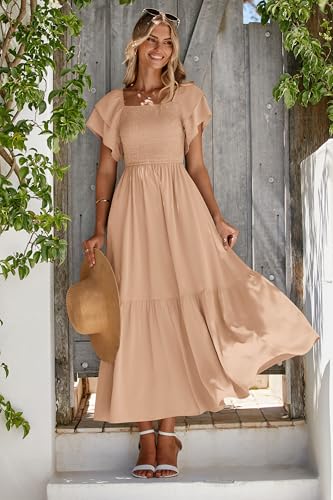 MASCOMODA Womens Summer Casual Smocked Flowy Midi Dress - color: Khaki, size: X-Large