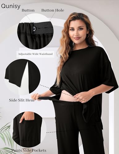 Maternity Lounge Set, 2 Piece Matching Set with Wide Leg Pants - color: Black, size: Small