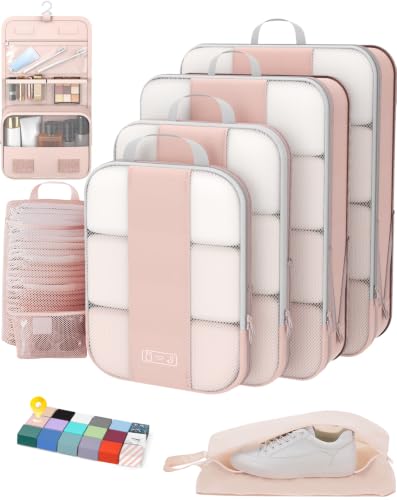 OlarHike 8 Set Compression Packing Cubes for Travel Gifts Mom Women,Airplane/Car/Cruise Travel Essentials,Compressible Expandable Space Saver Bags,Garment Bags with Over 1000 pcs Mesh Holes(Beige) - color: Beige