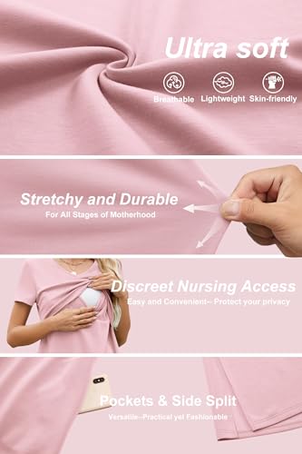 OUGES Womens 2026 Summer Short Sleeve Maternity Nursing Dress V Neck Breastfeeding Split Long Dress Pregnancy Clothes - color: Pink, size: Large