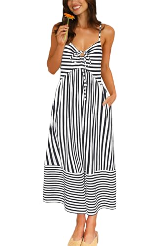 Fashionme 2026 Women Summer Boho Maxi Dresses Vacation Beach with Pockets - color: Black White, size: Large