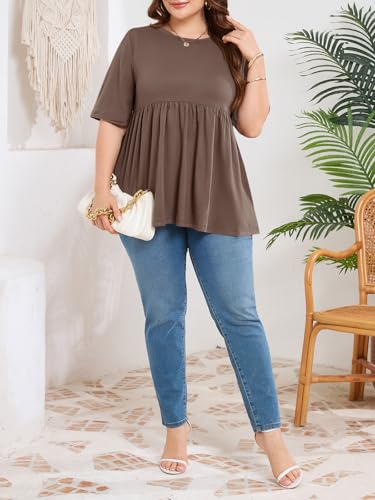 Cicy Bell Womens Babydoll Tops Plus Size Tunic Summer Flowy Peplum Shirts - color: Brown, size: Medium