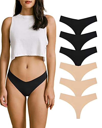 SHARICCA Women No Show Seamless Underwear Thong Invisible Soft Panties Multi Pack - color: (6 Pack) 3 Black 3 Beige, size: X-Small