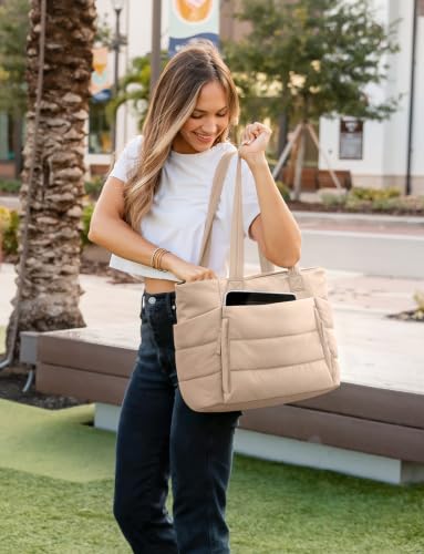 Uselike Tote Bag for Women with Zipper, Quilted Puffer Tote Bag with Compartments, Lightweight Puffy Work Bags for Women - color: Light Khaki