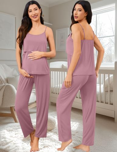SWOMOG Maternity Nursing Robe Set 3 PCS Postpartum Pajamas Breastfeeding Pregnancy Robe & Camisole & Pants - color: Taro Purple, size: Medium