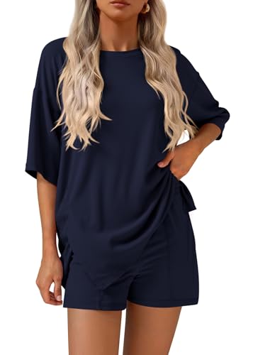 KIRUNDO 2 Piece Sets for Women Summer Lounge Sets Casual - color: Navy Blue, size: Medium