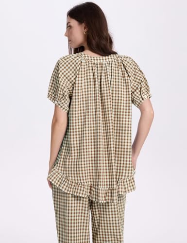 COZYPOIN 100% Cotton Pajamas for Women Set Cute Gingham Lounge Set - color: Brown, size: Small