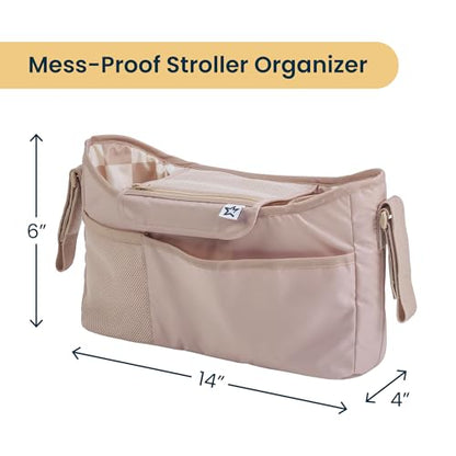 Tiny Twinkle Universal Stroller Organizer with Adjustable Strap | Waterproof Stroller Caddy Fits Baby Jogger, Nuna, Graco, Doona and Bugaboo Strollers (Beige Checkers - color: Beige Checkers, size: CLassic