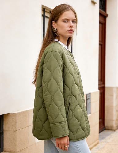 Flygo Womens Quilted Lightweight Jackets Oversized Puffer Coat with Pockets - color: Green, size: Small