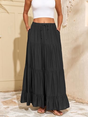 Women Flowy Tiered A Line Maxi Skirt Elastic Waist Beach Skirt with Pocket - color: Black, size: Medium