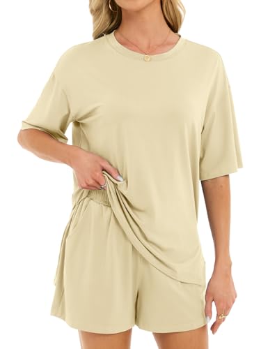 Women's 2 Piece Short Sets Loose Lounge Sets Summer Matching Sets - color: Beige, size: X-Large