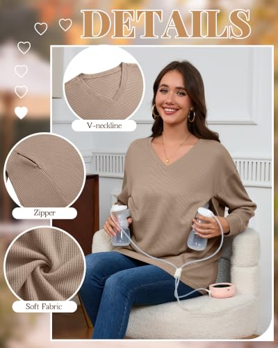 3 Pack Women's Waffle Knit Long Sleeve Nursing Tops - color: Coffee, Army Green, Black, size: Medium