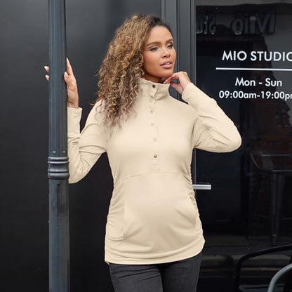 Bhome Maternity Shirt Casual Long Sleeve Half Button Front Lightweight Sweatshirts Slim Fit Pullover Tops with Pockets - color: Apricot, size: Medium