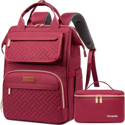 Lunch Backpack For Women, 15.6 Inch Laptop Backpack with Lunchbox - color: Winered