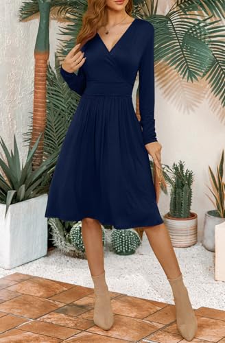 WEACZZY Women's Long Sleeve V Neck Casual Fall Dresses with Pockets - color: 01 Long Sleeve Navy Blue, size: XX-Large