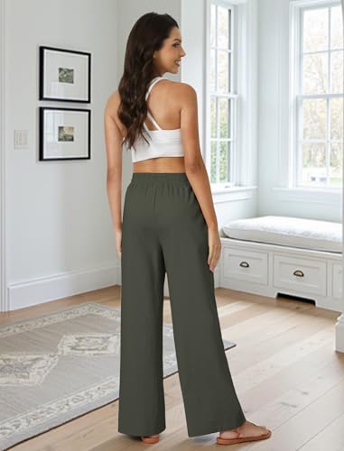 FireSwan Linen Pants Women Drawstring Elastic Waist Wide Leg Palazzo Pants - color: Green, size: X-Large