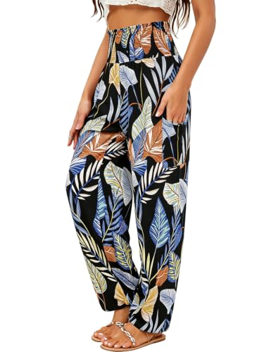 QIANXIZHAN Women's Harem Pants, High Waist Yoga Boho Trousers with Pockets - color: Amorous Leaf, size: Medium