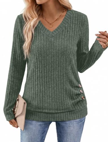 Sampeel V Neck Long Sleeve Shirts Button Side Sweaters Color Block Tops - color: Green, size: Small