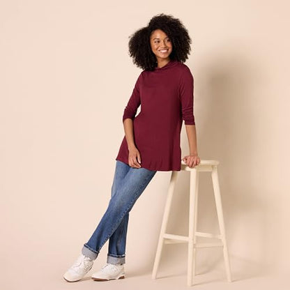 Amazon Essentials Women's Jersey Long-Sleeve Mock Neck Swing Tunic Top, Relaxed Fit Pullover - color: Dark Burgundy, size: Large