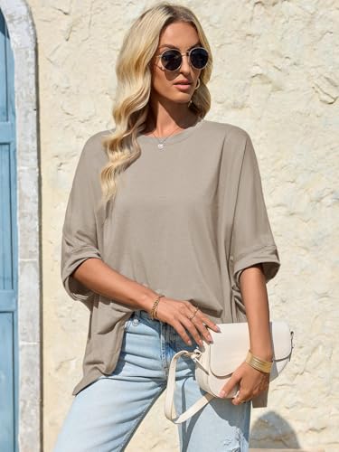Tankaneo Womens Oversized Tshirts Batwing Short Sleeve Asymmetric Hem Tops - color: Brown, size: Small