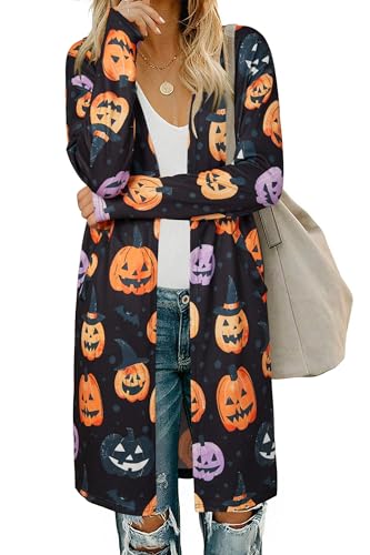 OUGES Women's Open Front Cardigan Shirt with Pockets Long Sleeve Lightweight Coat - color: Black-halloween Jack-o'-pumpkin, size: X-Large