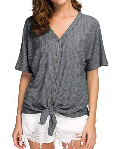 IWOLLENCE Women's Waffle Knit Tunic Blouse Tie Knot Short Sleeve Henley Tops Loose Fitting Bat Wing Shirts - color: C-dark Grey, size: X-Large
