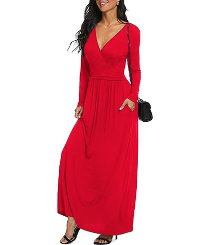 LILBETTER Women Long Sleeve Deep V Neck Loose Plain Long Maxi Casual Dress - color: Red, size: Small