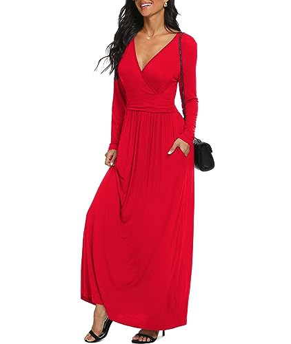 LILBETTER Women Long Sleeve Deep V Neck Loose Plain Long Maxi Casual Dress - color: Red, size: X-Large