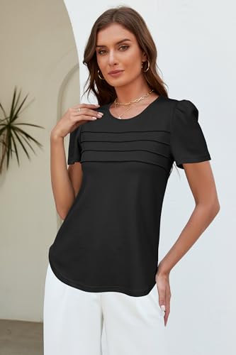OUGES Womens 2026 Maternity Tops Shirts Pleated Short Sleeve Crew Neck Tunic Summer Casual Pregnancy Clothes - color: Black, size: Small